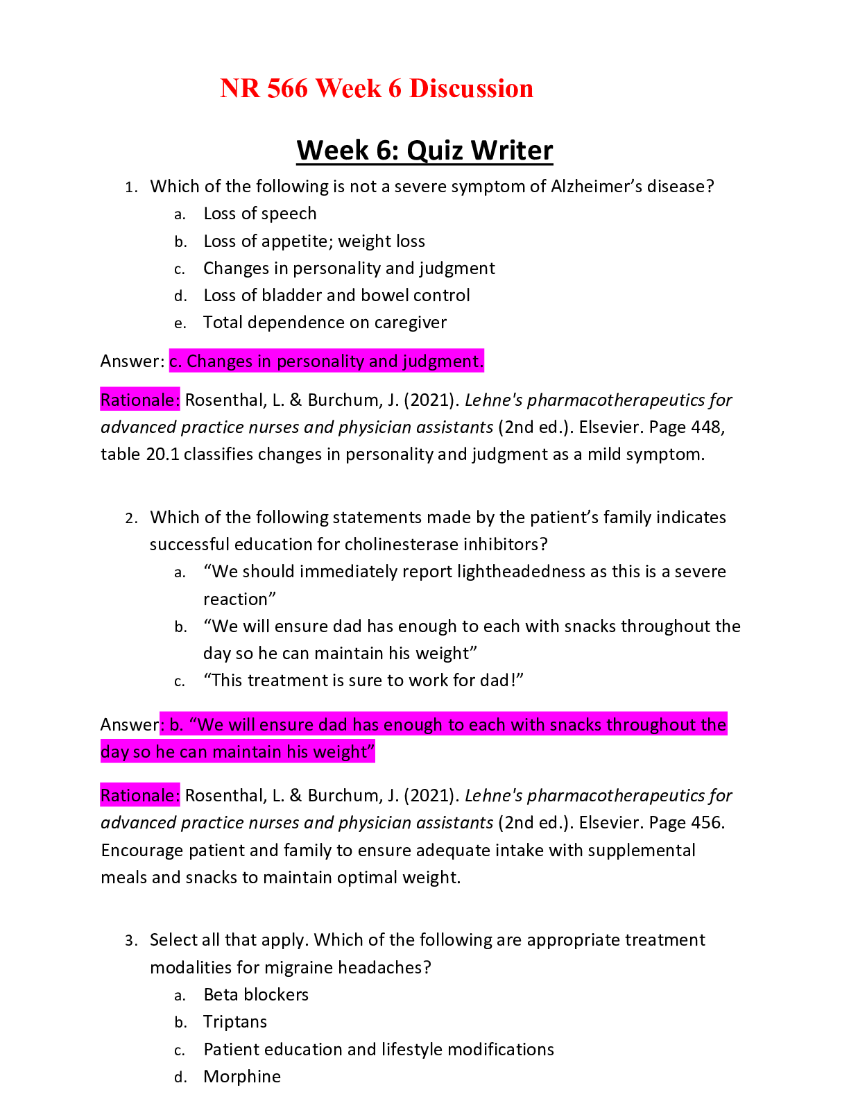 Preview image for NR 566 Week 6 Discussion : Quiz Writer: Solved:(Spring)